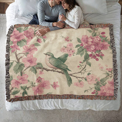 Pink, green bird and flowers blanket