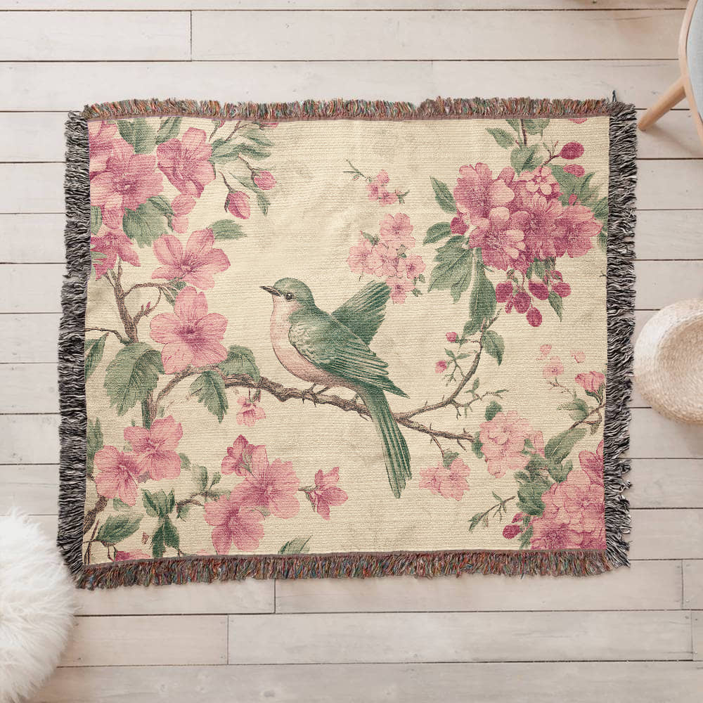 Pink, green bird and flowers blanket
