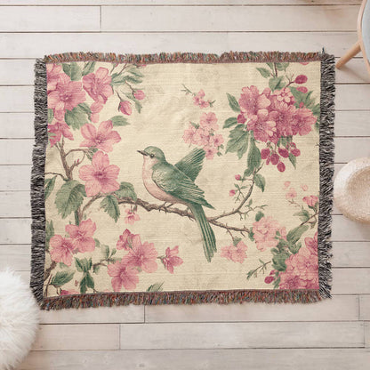 Pink, green bird and flowers blanket