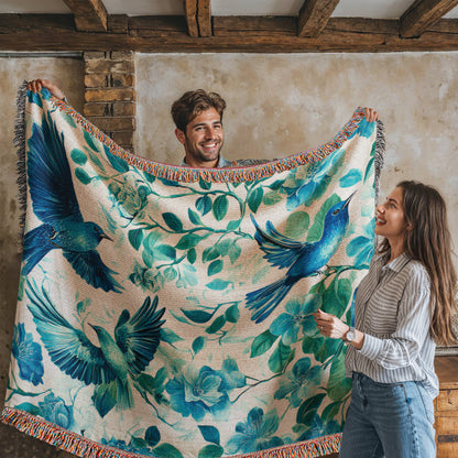 Turquoise and Blue Birds and Flowers Woven Blanket