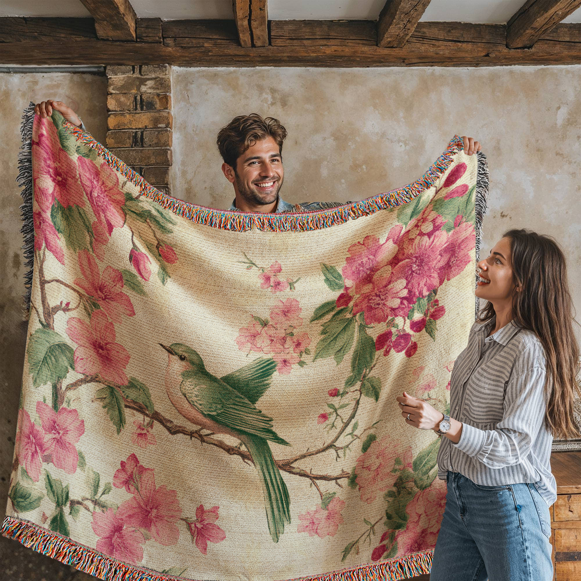 Pink, green bird and flowers blanket