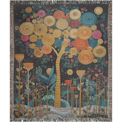 artistic tapestry throw with floral tree illustration, cottagecore floral tree blanket, nature decor woven cotton throw, woven blanket with colorful floral tree pattern