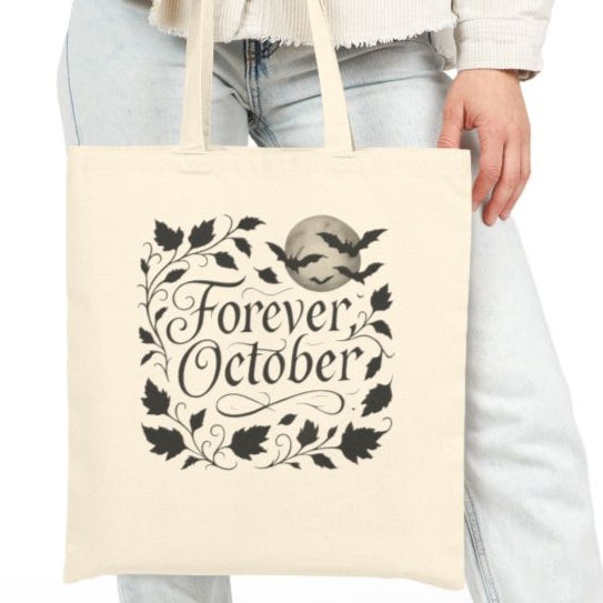 Forever October Canvas Tote Bag Eco-Friendly Fall Market Bag for Spooky Season & Everyday Use
