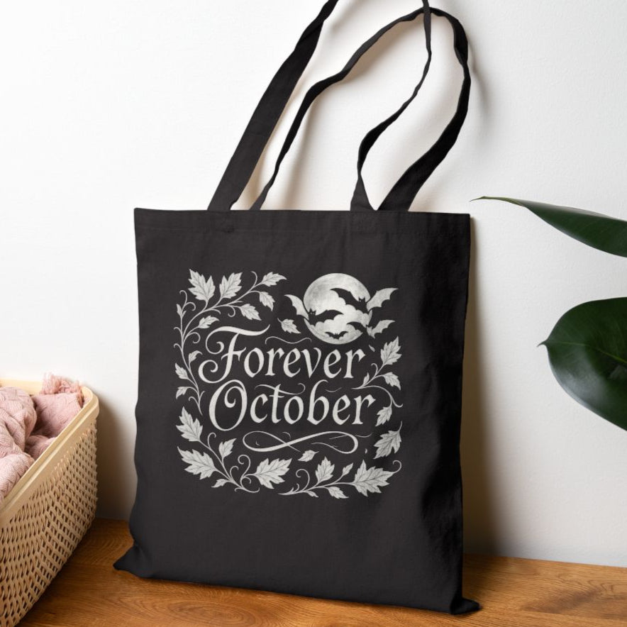 Forever October Canvas Tote Bag Eco-Friendly Fall Market Bag for Spooky Season & Everyday Use