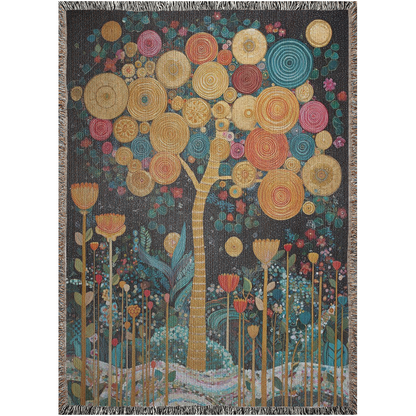 nature inspired woven blanket with floral canopy design, woven tapestry blanket with artistic botanical tree illustration, cozy sofa throw with botanical tree artwork