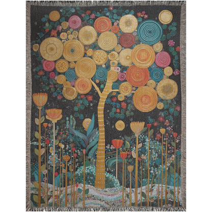 cotton woven blanket with botanical tree artwork, cozy cottagecore tapestry blanket for bedroom, decorative woven throw with floral tree design