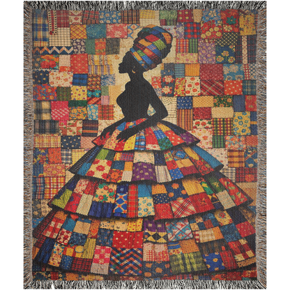 luxury jacquard woven throw with bold silhouette artwork, cotton woven tapestry blanket with dimensional textile depth, heirloom quality afrocentric art throw for gallery wal