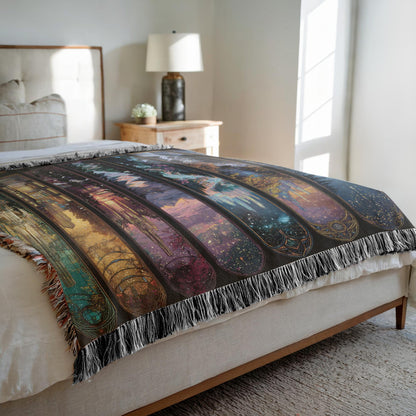 fantasy reading nook blanket with panel artwork, colorful woven cityscape throw blanket with fringe, decorative fantasy woven blanket featuring glowing city scenes