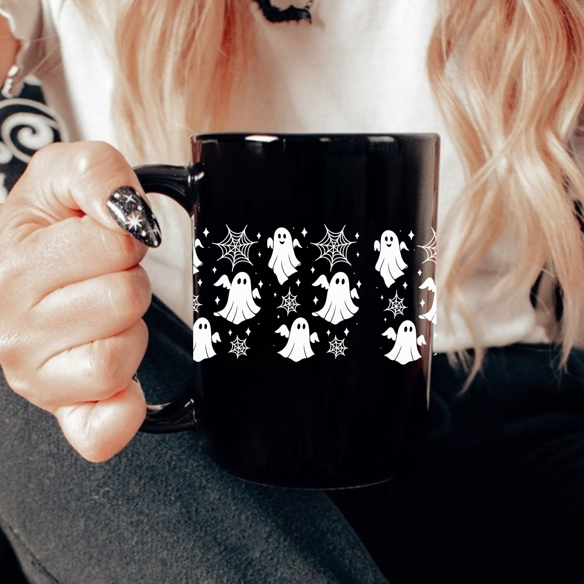 Best Halloween ghost mug for spooky season coffee with glossy black ceramic and cute white ghost design