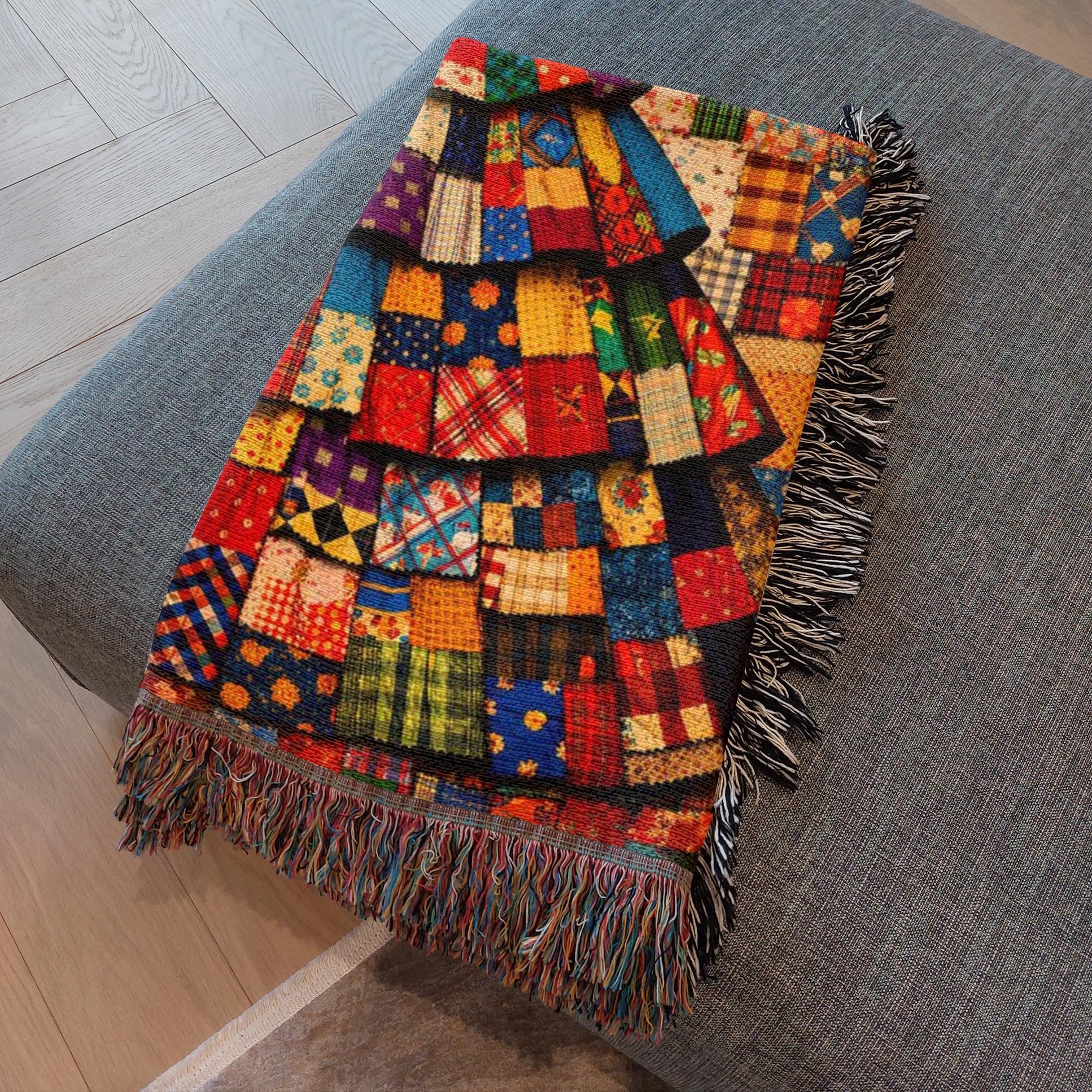 premium cotton tapestry throw with vibrant geometric squares, afrocentric home decor woven textile art piece, cultural heritage inspired patchwork blanket for couch styling