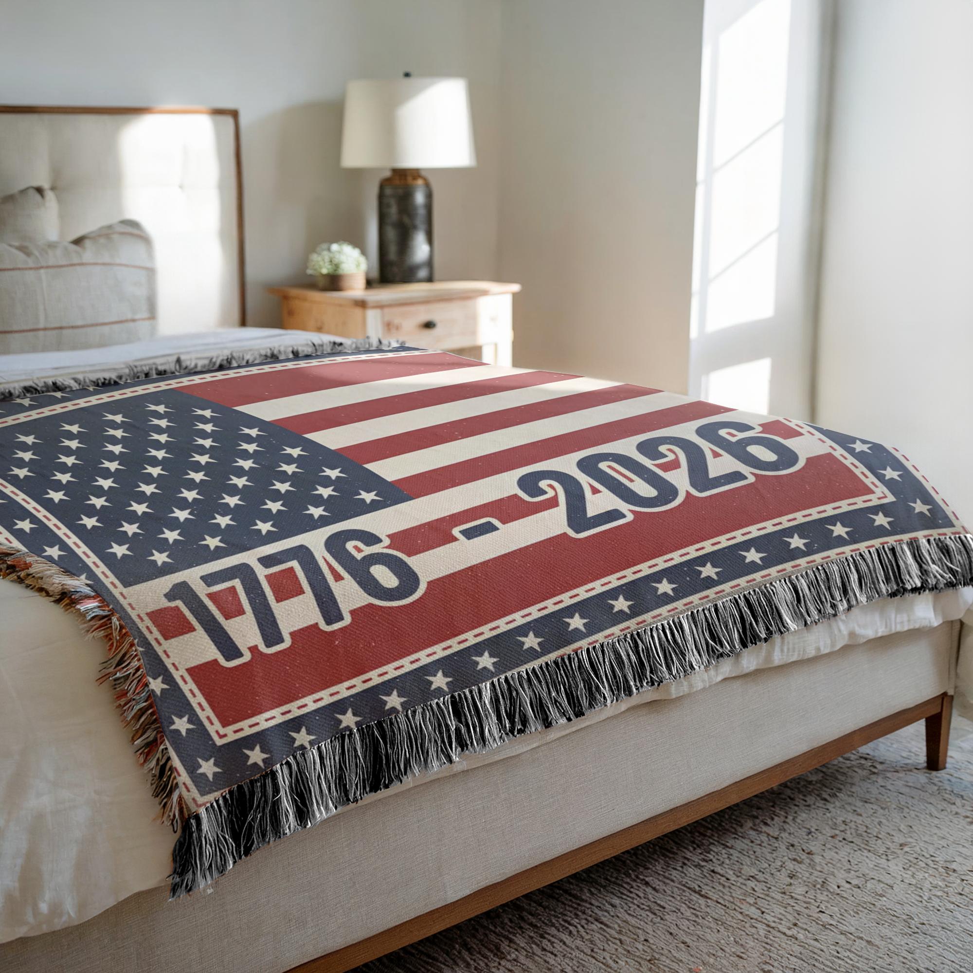 1776 to 2026 patriotic blanket for couch or sofa, heirloom style american flag woven throw with fringe, patriotic home decor woven blanket usa anniversary