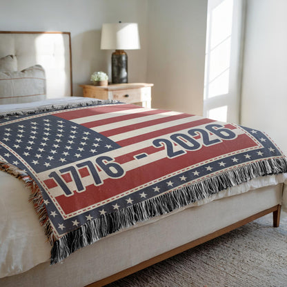 1776 to 2026 patriotic blanket for couch or sofa, heirloom style american flag woven throw with fringe, patriotic home decor woven blanket usa anniversary