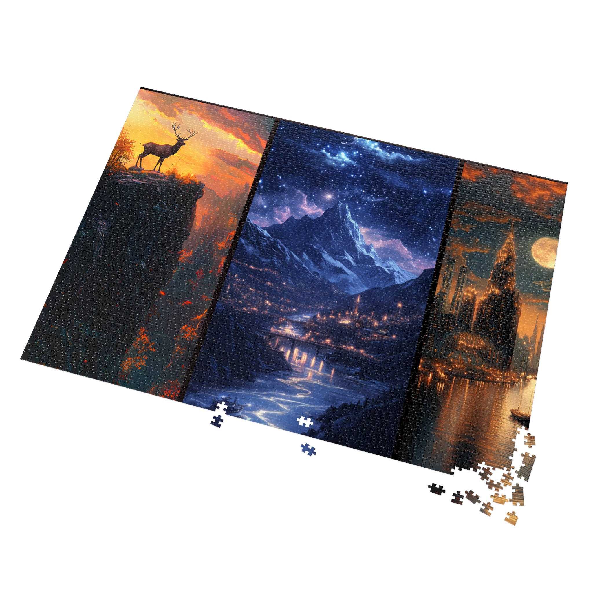 Majestic Fantasy Stag & Starry City Puzzle – Scenic Mountain Nightscape Jigsaw for Adults & Gifts