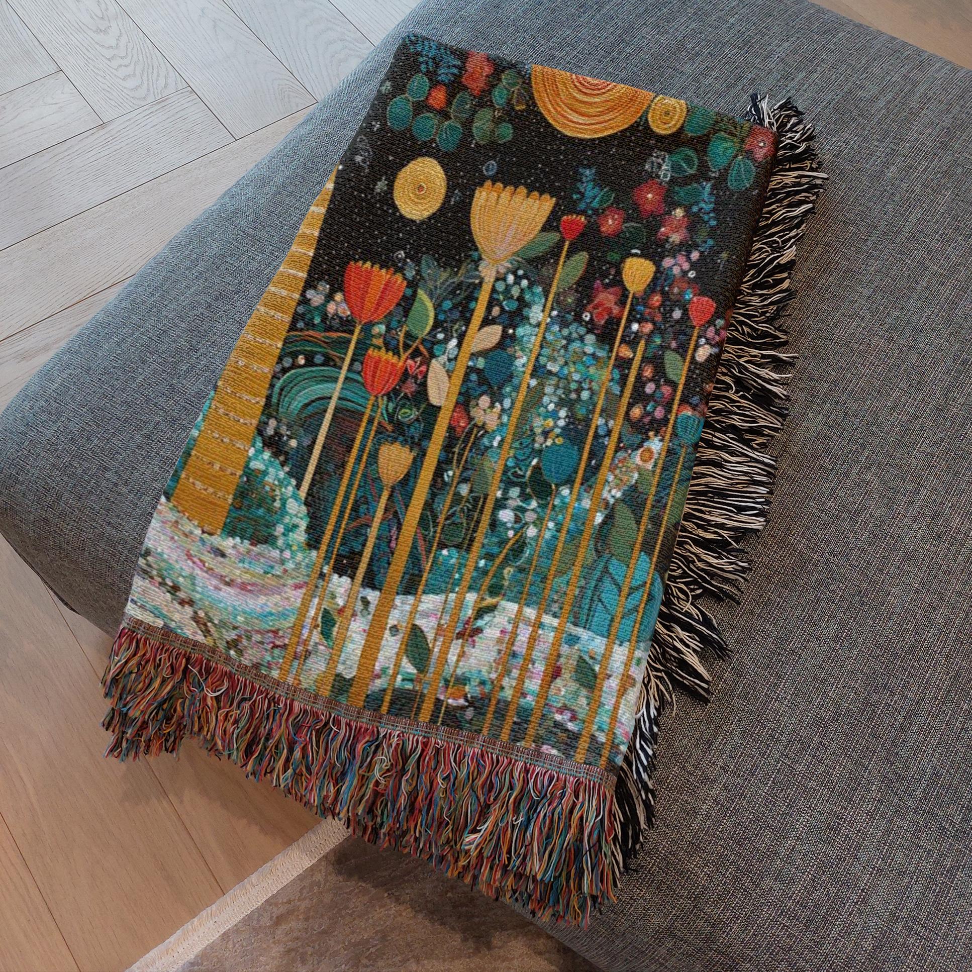 cottagecore botanical tree woven throw blanket, floral tapestry blanket with dark background and gold tree, whimsical garden tree cotton throw blanket