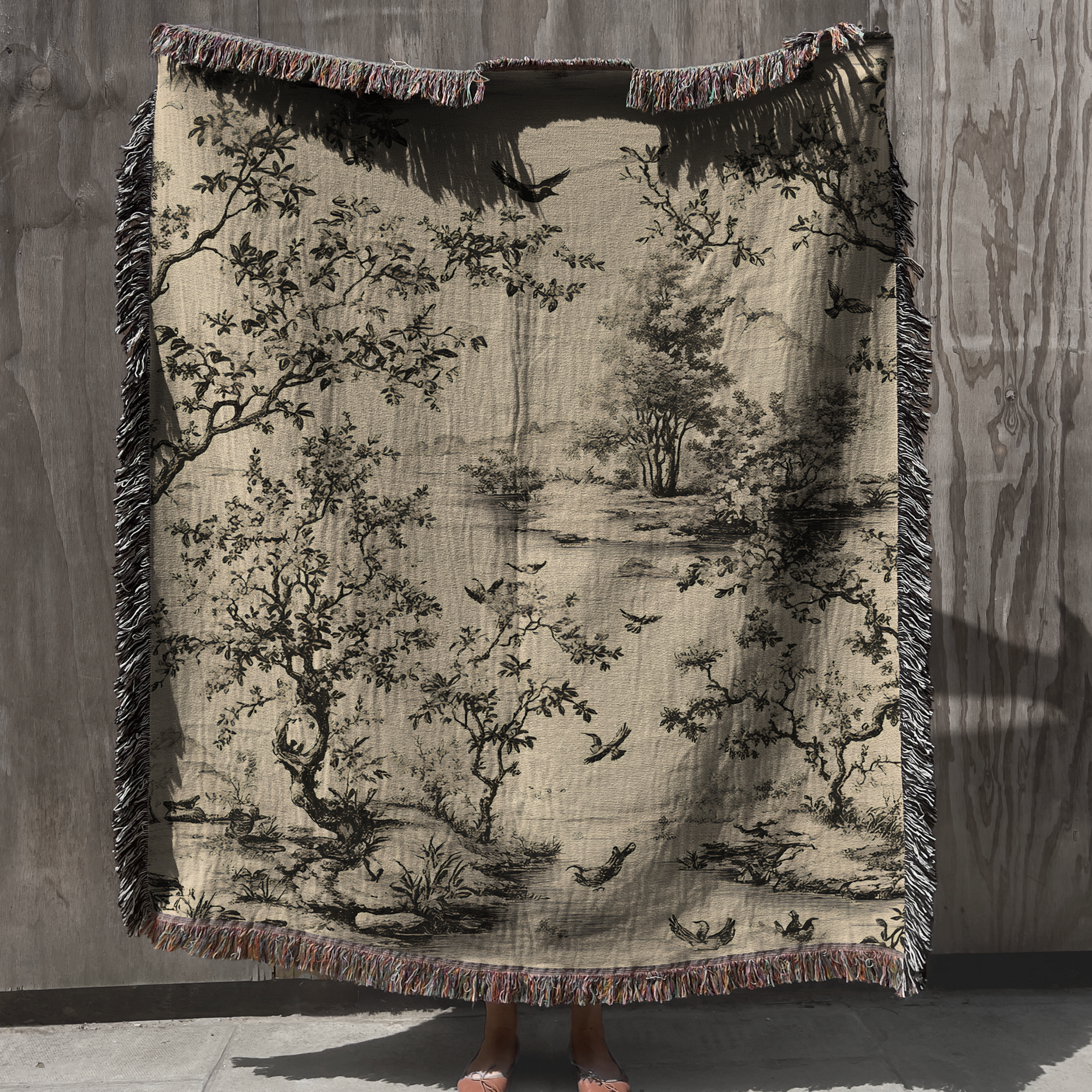 Vintage Toile Woven Throw Blanket Black Ivory Scenic Tapestry for Rustic Farmhouse & Cottagecore Decor