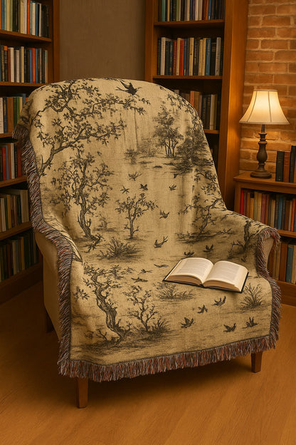 Cream & Black Toile Woven Throw Blanket | Cozy Cottagecore Cotton Sofa Throw