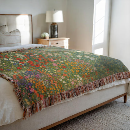 wildflower meadow woven blanket for reading nook decor, cozy cottagecore blanket with vibrant floral garden scene, decorative floral woven throw blanket for bed or couch